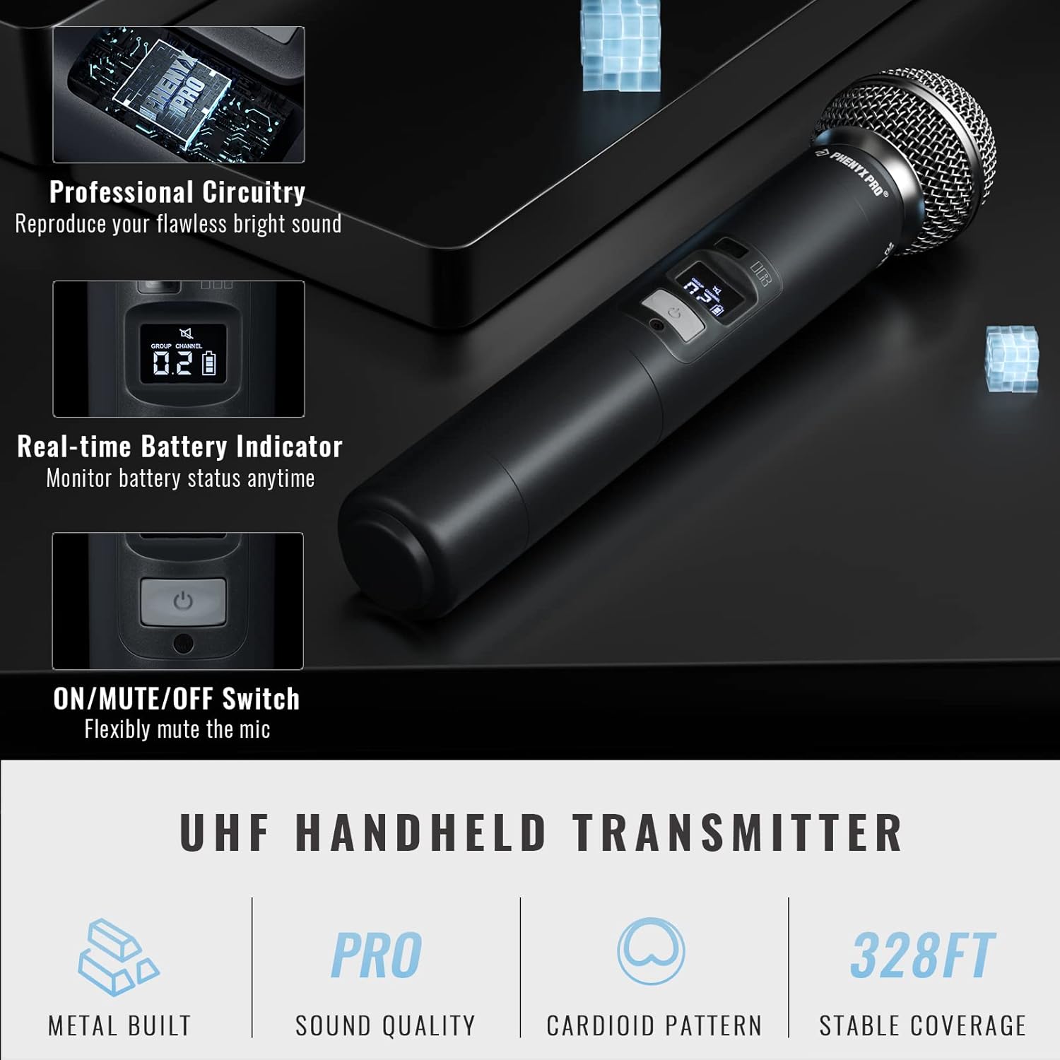 Phenyx Pro Wireless Microphone System, Quad Channel Wireless Mic, w/ 4x40 UHF Frequencies, Auto Scan, 328ft Long Range, 4 Handheld Dynamic Microphone for Singing, Church, Karaoke (PTU-7000-4H)