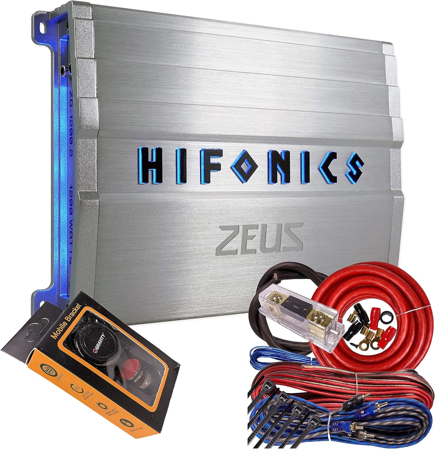 Hifonics ZG-1200.2 Zeus Gamma 2 Channel Super A/B Class 1200 Watt Car Audio Sound System Subwoofer Speaker Amp Amplifier with Gravity Magnet Phone Holder and 4 Gauge Kit Red Bundle