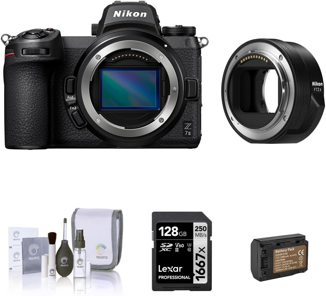 Nikon Z 7II Mirrorless Camera, Bundle with Nikon FTZ II Mount Adapter, 128GB Memory Card, Extra Battery, Cleaning Kit