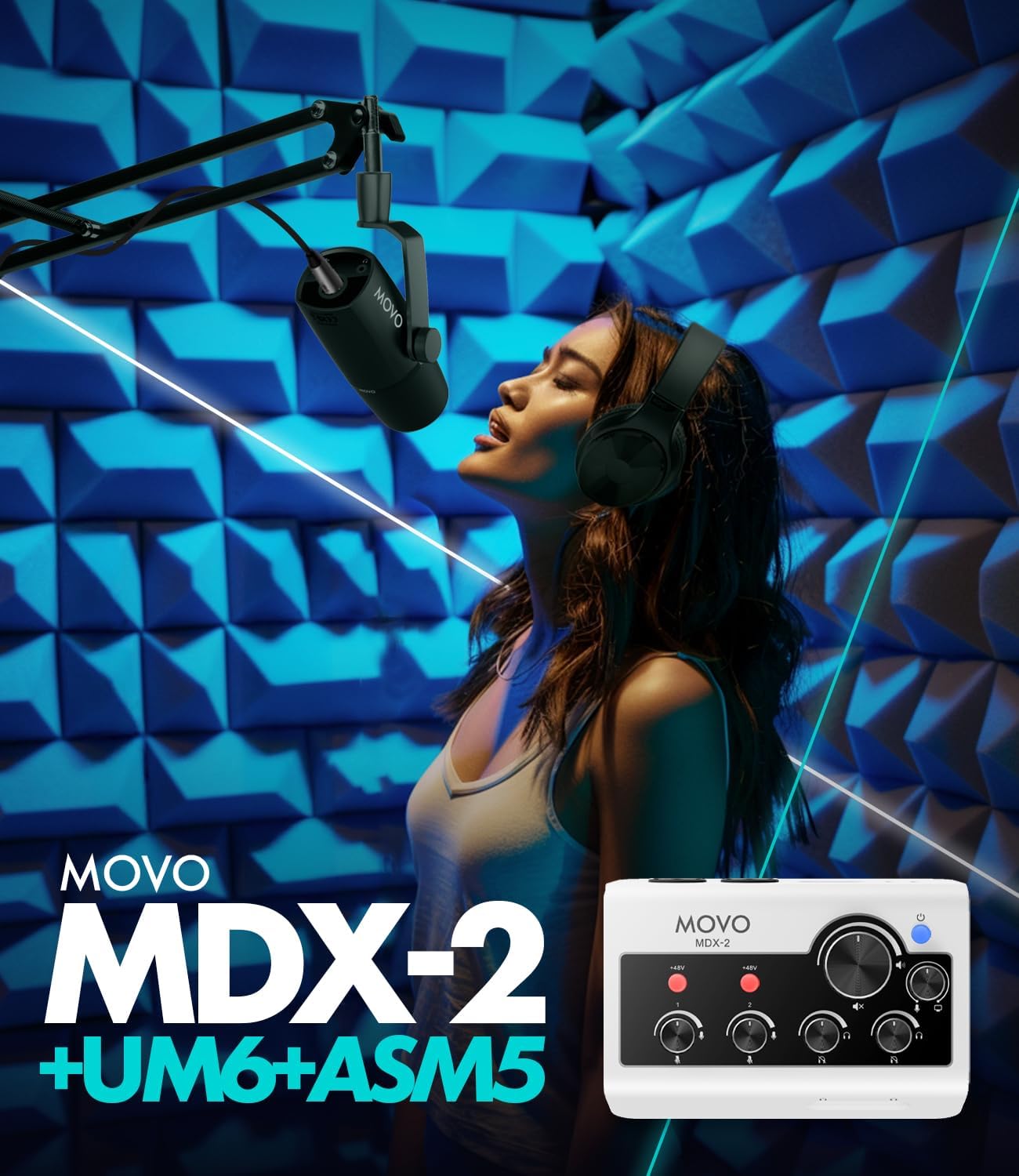 Movo Portable Podcast Equipment Bundle for iPhone/Android Phones- Podcast Kit with Audio Interface, 2 UM6 Dynamic Mics, 2 Headphones, 2 Boom Arms - for Smartphones, Computers, PC and Mac