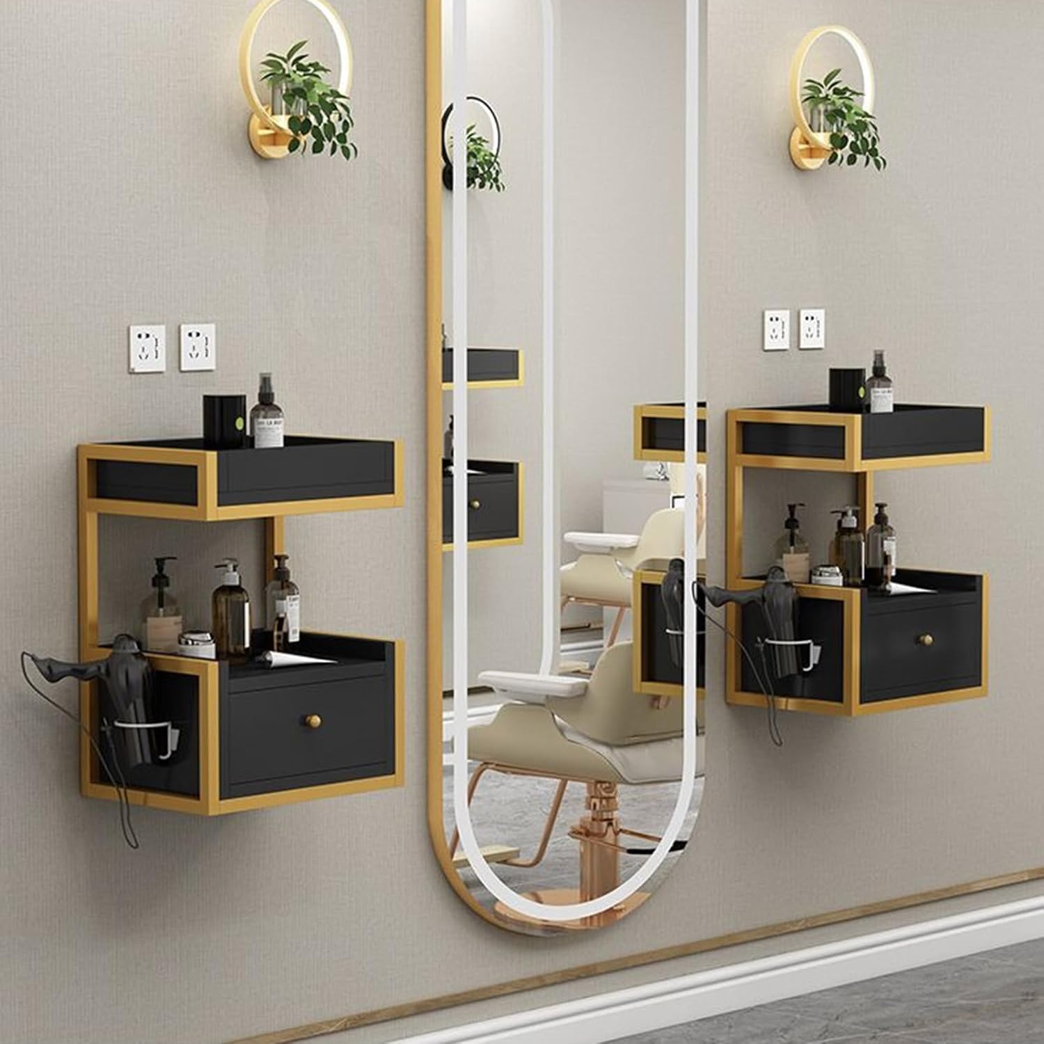 Wall Mount Hair Salon Station Styling Barber Stations , Modern Barber Salon Storage Cabinet, Open Storage Beauty Spa Equipment, Bathroom Dresser Corner Makeup with Drawer and Hair Dryer Rack, set of