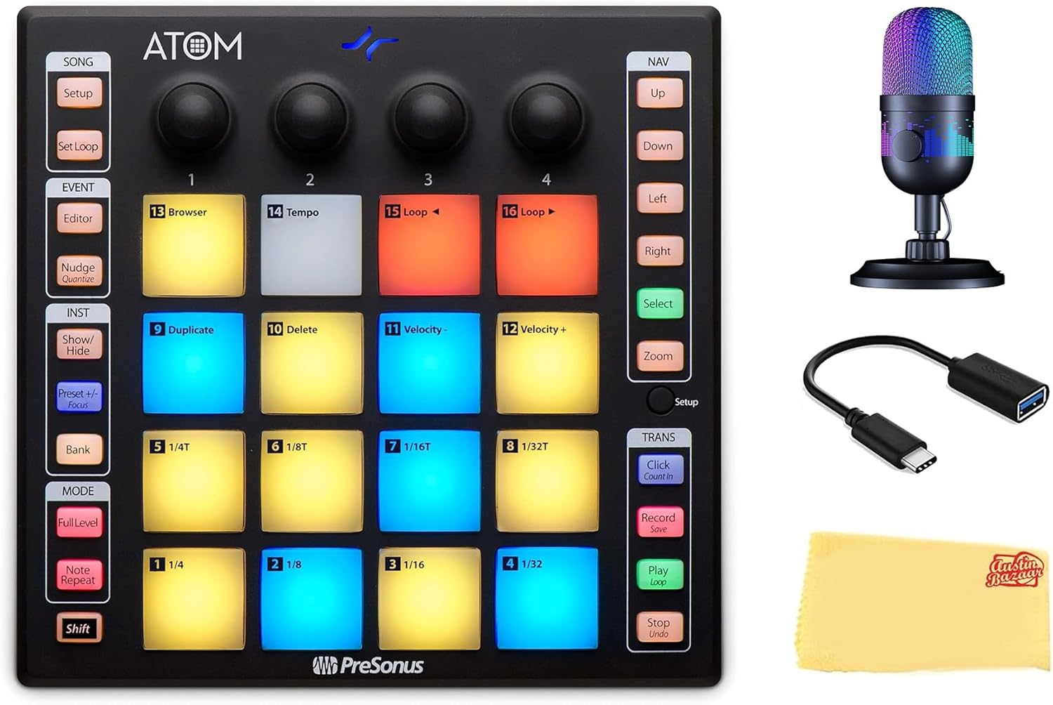 PreSonus ATOM Production and Performance MIDI Pad Controller Bundle with USB-C Adaptor and Austin Bazaar Polishing Cloth