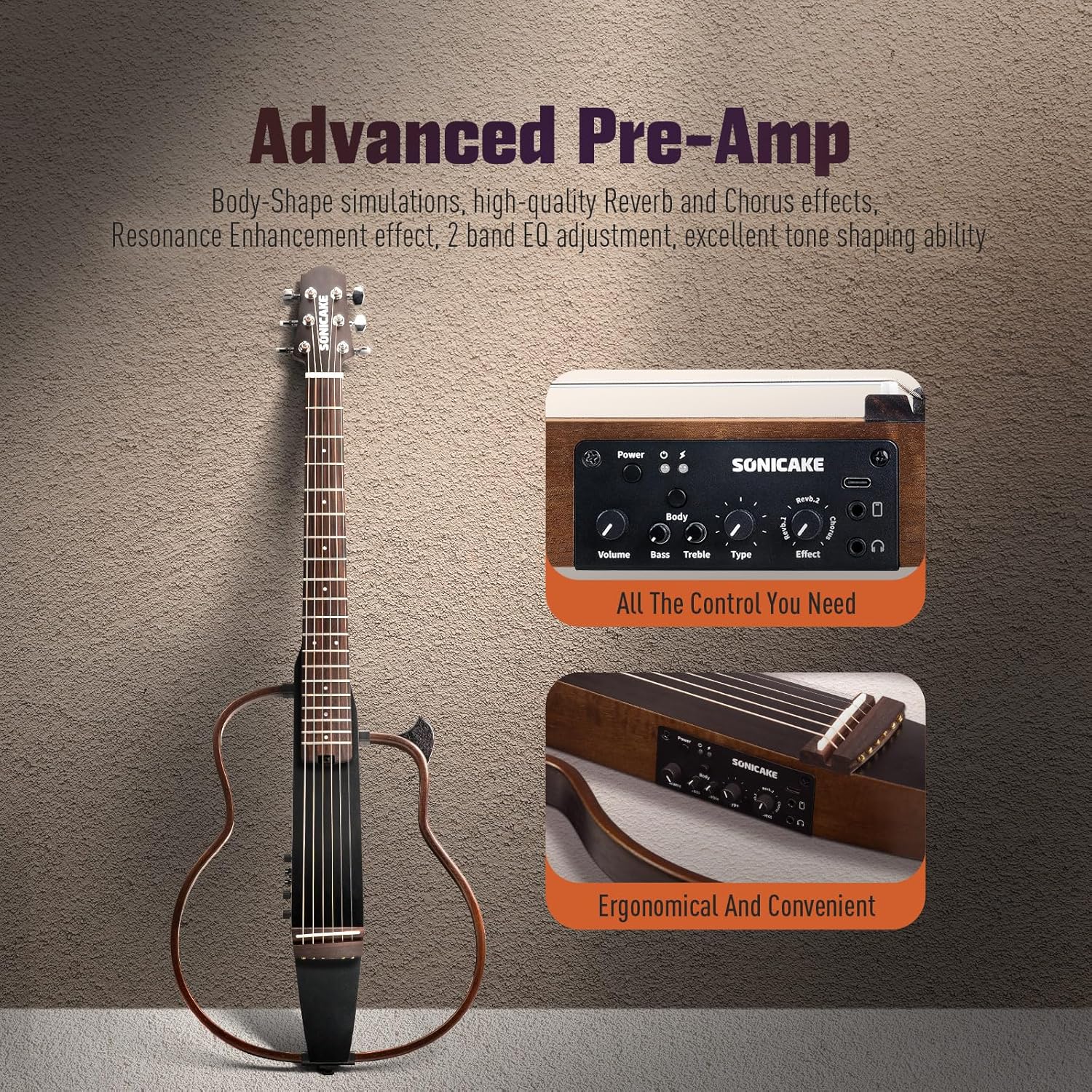 Sonicake Travel Guitar, Portable Acoustic-Electric Guitar Kit, Solid Mahogany Body Easy Assemble Frames, Multi Body-Shape Sim Rechargeable Preamp, Gig Bag, All Accessories QGT-01