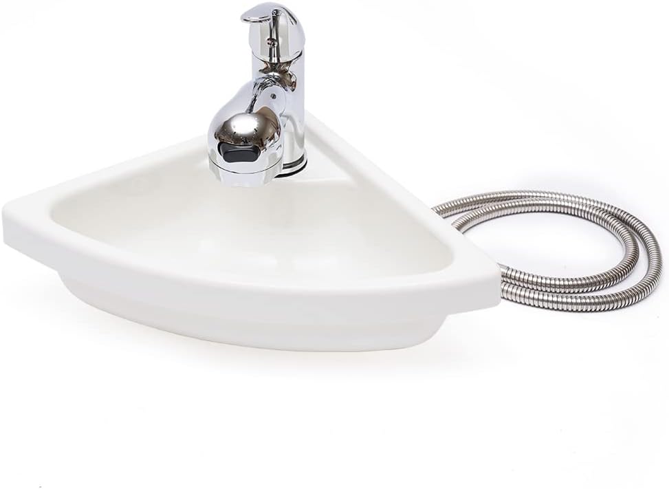 Wall Mount Corner Bathroom Sink White Acrylic Triangle Sink With Faucet Vanity Single Bowl Sink for Boat Caravan Rv Camper Kitchen Bathroom Lavatory (With Faucet and Water Drain Plug)