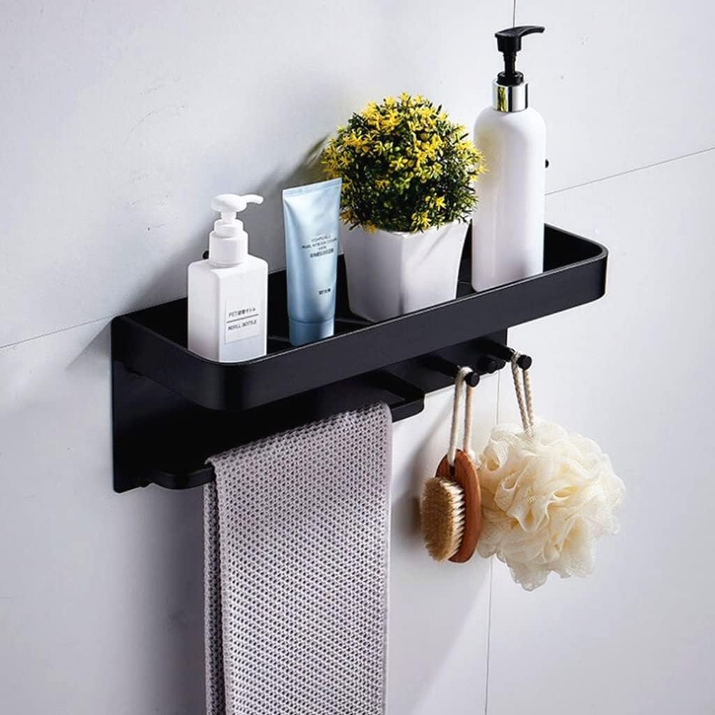 Shower Caddy Black Space Aluminum Bathroom Shelves with Hooks, Wall Mount Bathroom Shelf Bath Storage Rack Towel Holder Bathroom Organizer (Color : Black)