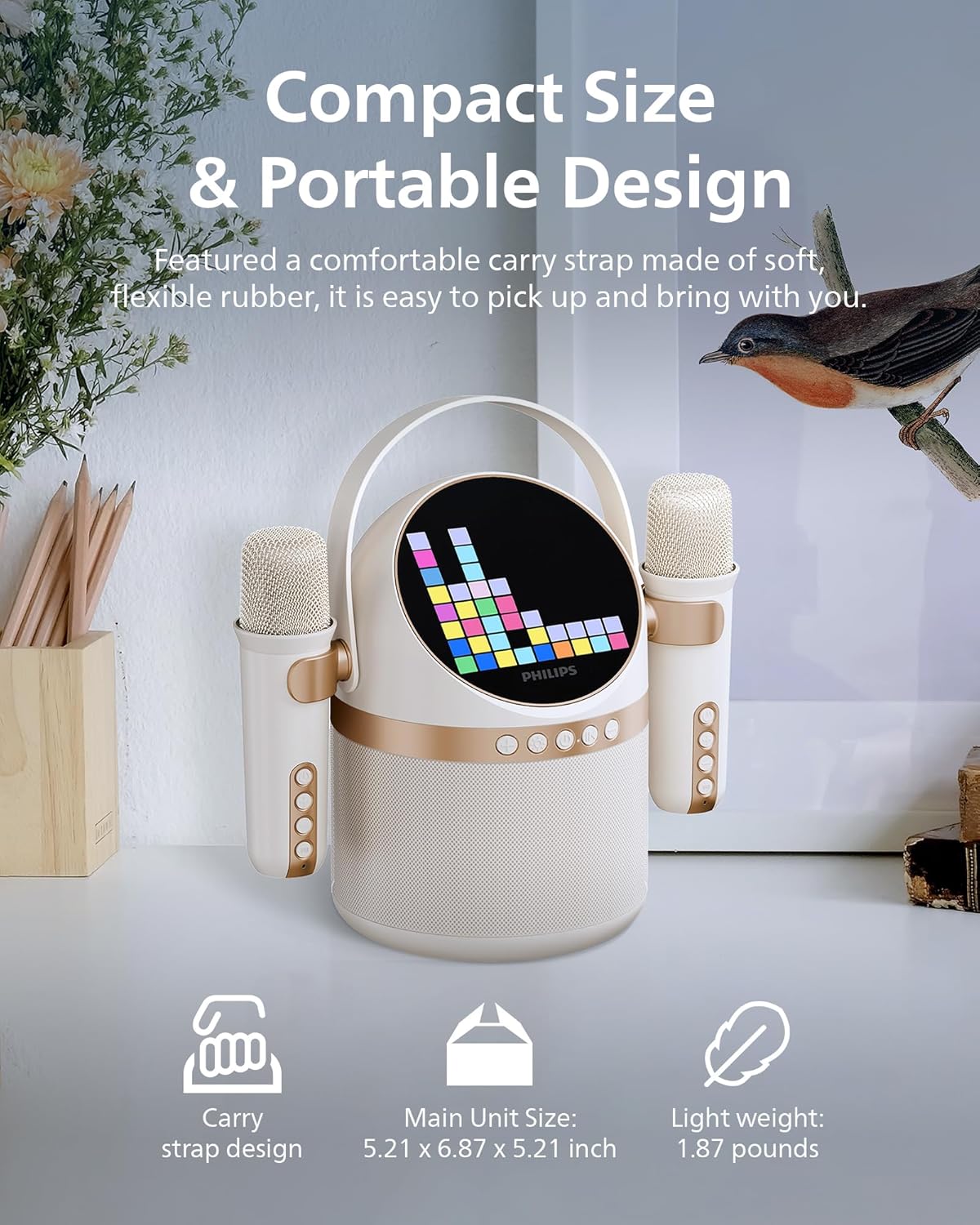 PHILIPS S2508 Portable Karaoke Machine,Party Bluetooth Speaker with 2 Karaoke Microphones,7 H Battery,Multi-Colored Light Modes with Display Screen,6 Vocal Effects,USB,AUX or TF Card Input,Mini,White