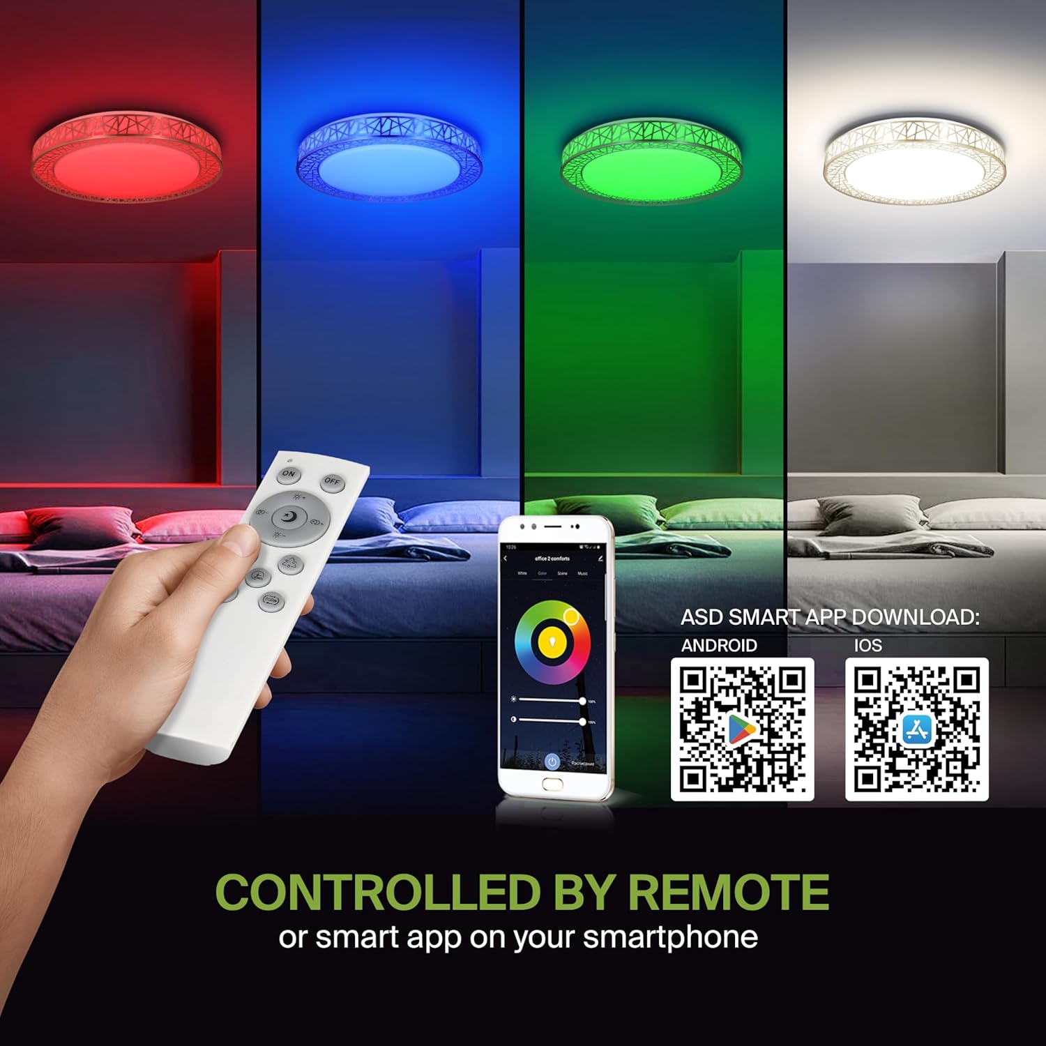 ASD 20 Inch Smart RGBW Flush Mount Ceiling Light with Remote - Brushed Nickel 42W 120V 2700-6500K Dimmable Ceiling Light Fixture, WiFi App Control RGB Lights, Alexa & Google Assistant - ETL