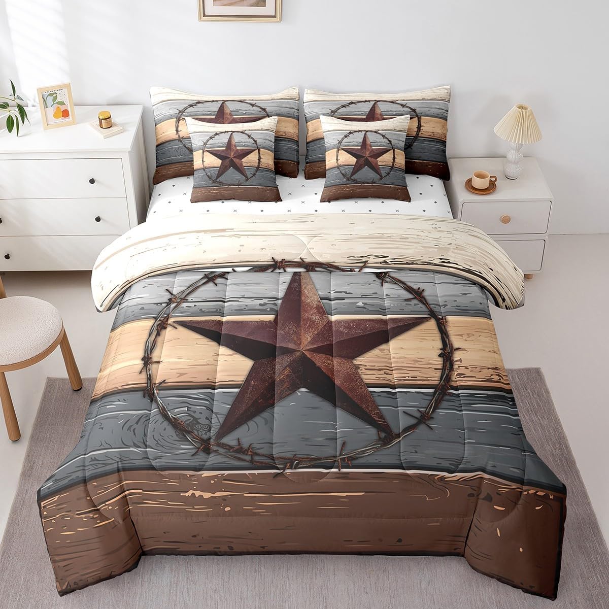 7pcs Western Texas Star Comforter Set Twin, Brown Grey Wooden Plank Bed Set for Kids Boys, Rustic Farmhouse Cowboy Bedding(1 Comforter,1 Fitted Sheet,1 Flat Sheet,2 Pillowcases,2 Throw Pillow Cover)