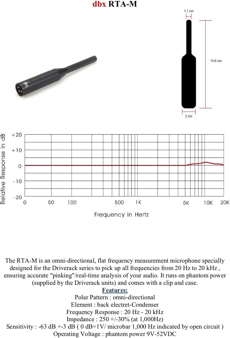 dbx RTA-M Driverack Series Reference Microphone black 7.00 x 3.50 x 12.00 inches