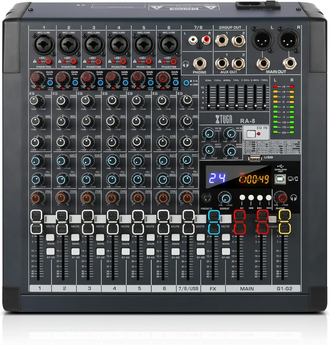 XTUGA RA8 Professional 8 Channel DJ Mixer 24 DSP Effects Mono and Stereo Sound Input EQ 7-band EQ Bluetooth with Indepandent Group Effect Mute USB Audio Interface for PC smartphone…