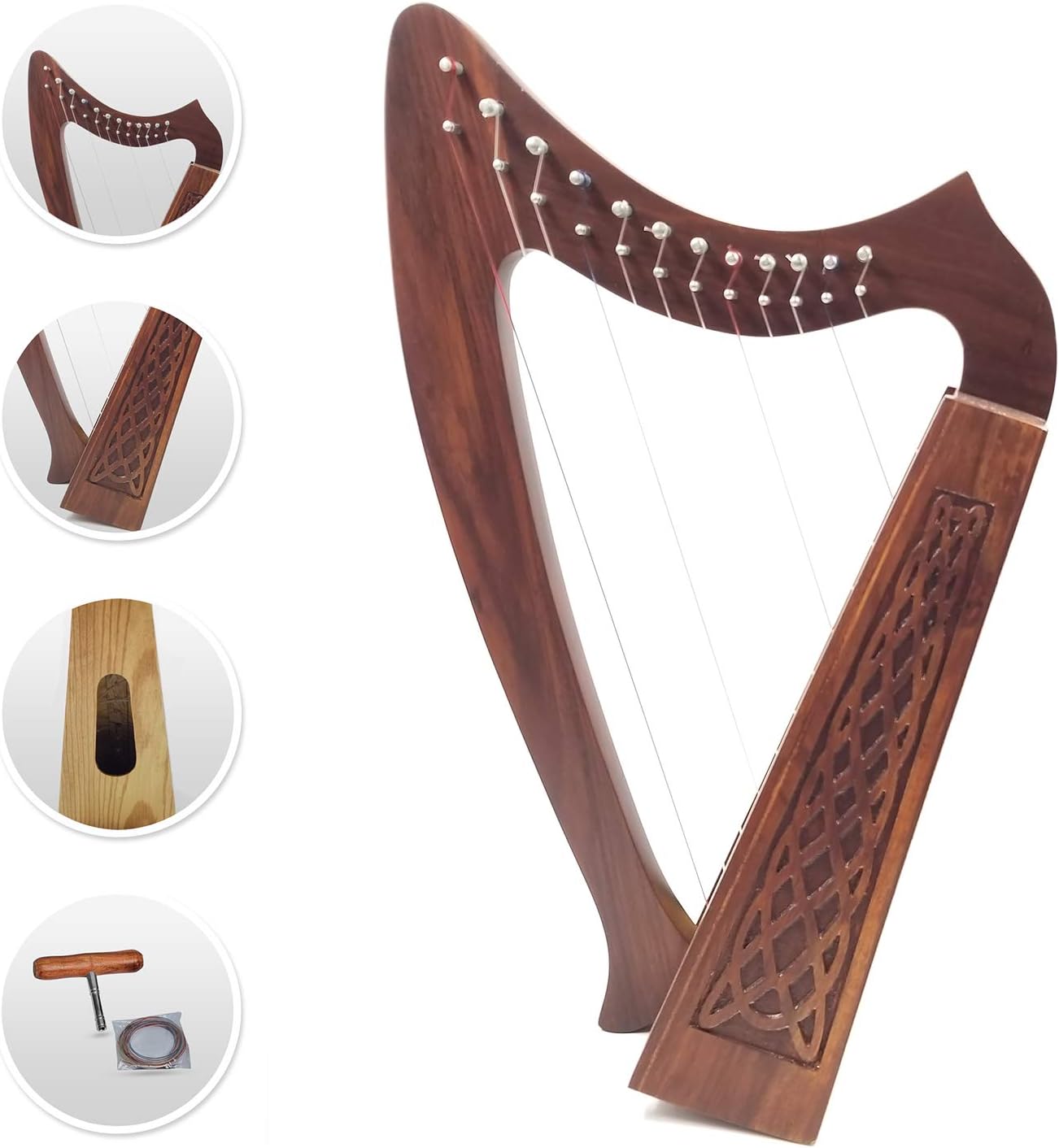 12 Strings Harp Irish Celtic Highland Solid Rosewood Naturl shape Nylon Lever Tuning Key Extra Set included 18