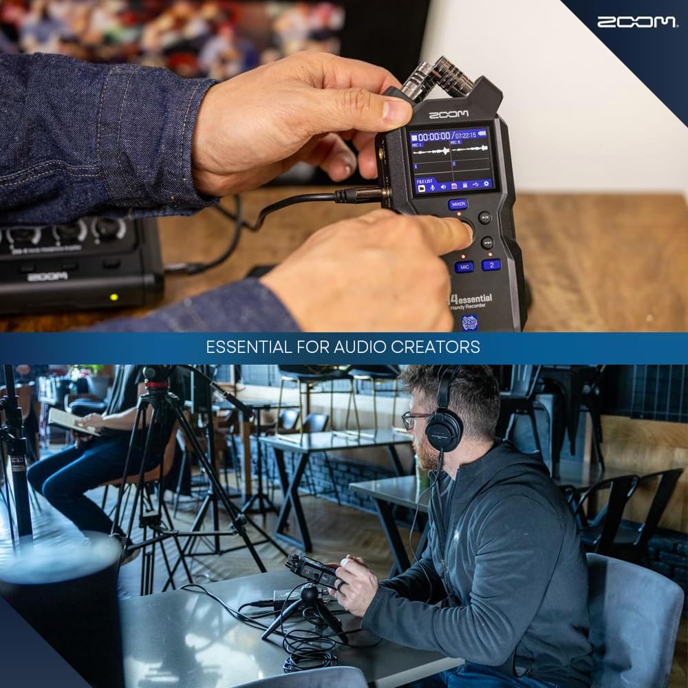 Zoom H4essential 4-Track Handy Recorder, 32-Bit Float, XY Mic, Accessibility, XLR/TRS Inputs with 64GB SD, Rechargeable Batteries, Podcast Mic Set, Mic Muff & More for Podcasting, Music & Interviews