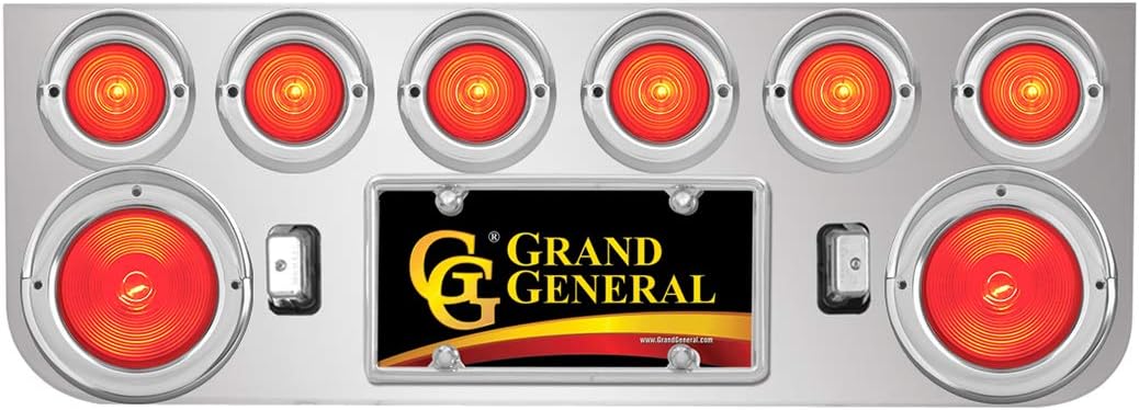 GG Grand General 92845 Stainless Steel Panel with 2-4 inches and 6-2-1/2 inches Red Light and Chrome Plastic Rim with Visor