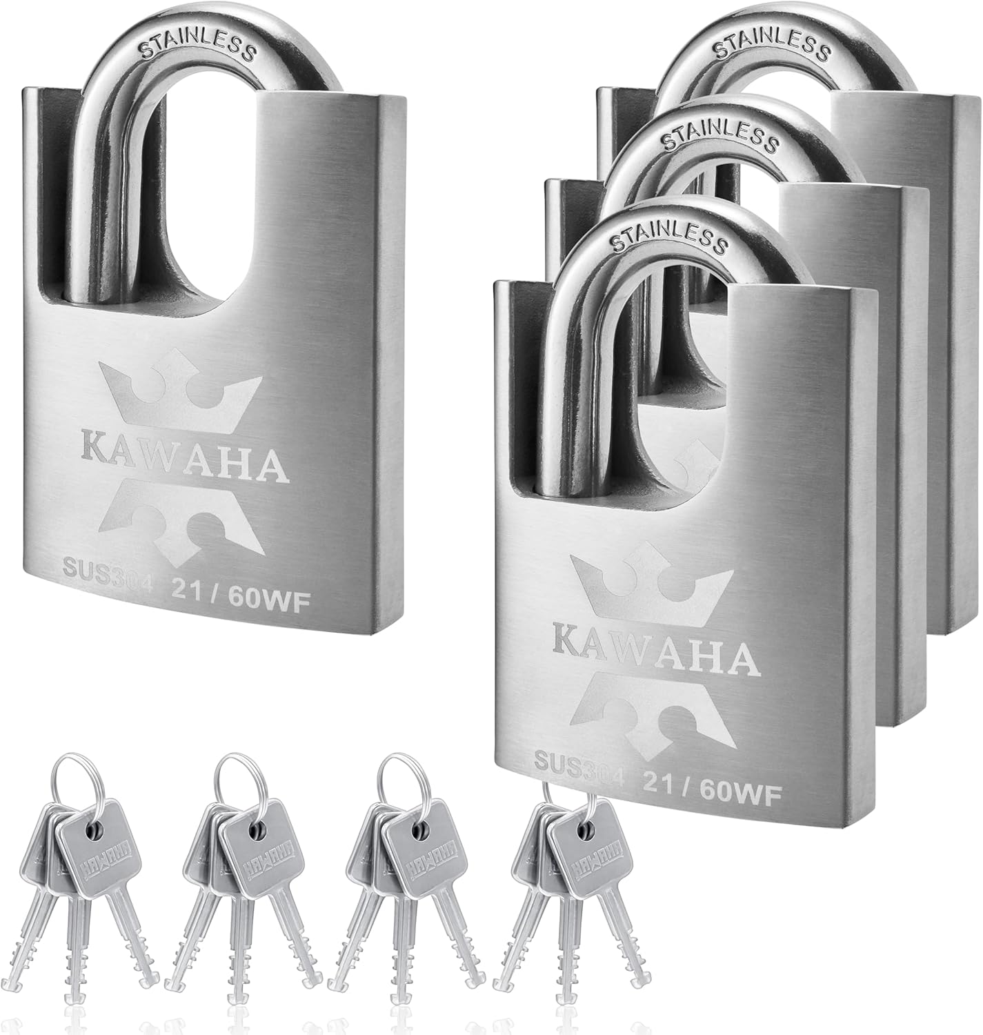 21/60-4PS High Security Stainless Steel Shrouded Padlock with Stainless Steel Key for Both Indoor and Outdoor use (Heavy Duty, Anti-Rust) (2-3/8 in. (60mm), Keyed Alike - 4 Pack)