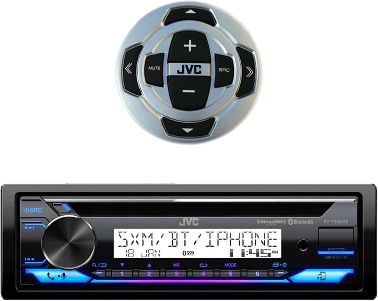 JVC KD-T92MBS Marine Motorcycle Sports CD Player Receiver with Bluetooth Wireless Technology and Front USB AUX Stereo SiriusXM Ready iPod iPhone Player with Marine Boat Wired Remote