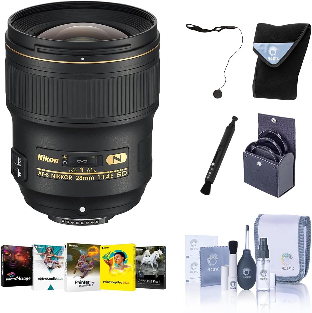 Nikon 28mm f/1.4E AF-S NIKKOR Lens, Bundle with ProOptic 77mm Filter Kit, Cleaning Kit, Lens Wrap, Lens Cap Tether, PC Software Kit