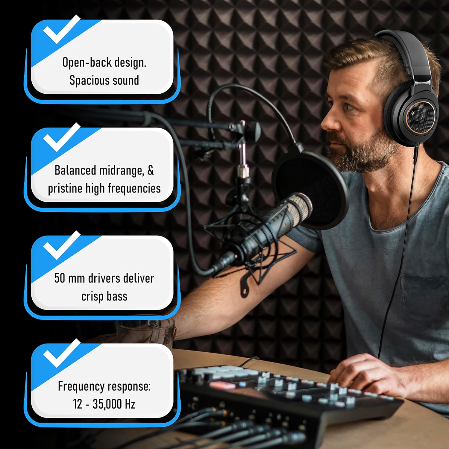 PHILIPS Over Ear Open Back Stereo Headphones Wired with Detachable Audio Jack, Studio Monitor Headphones for Recording Podcast DJ Music Piano Guitar (SHP9600)