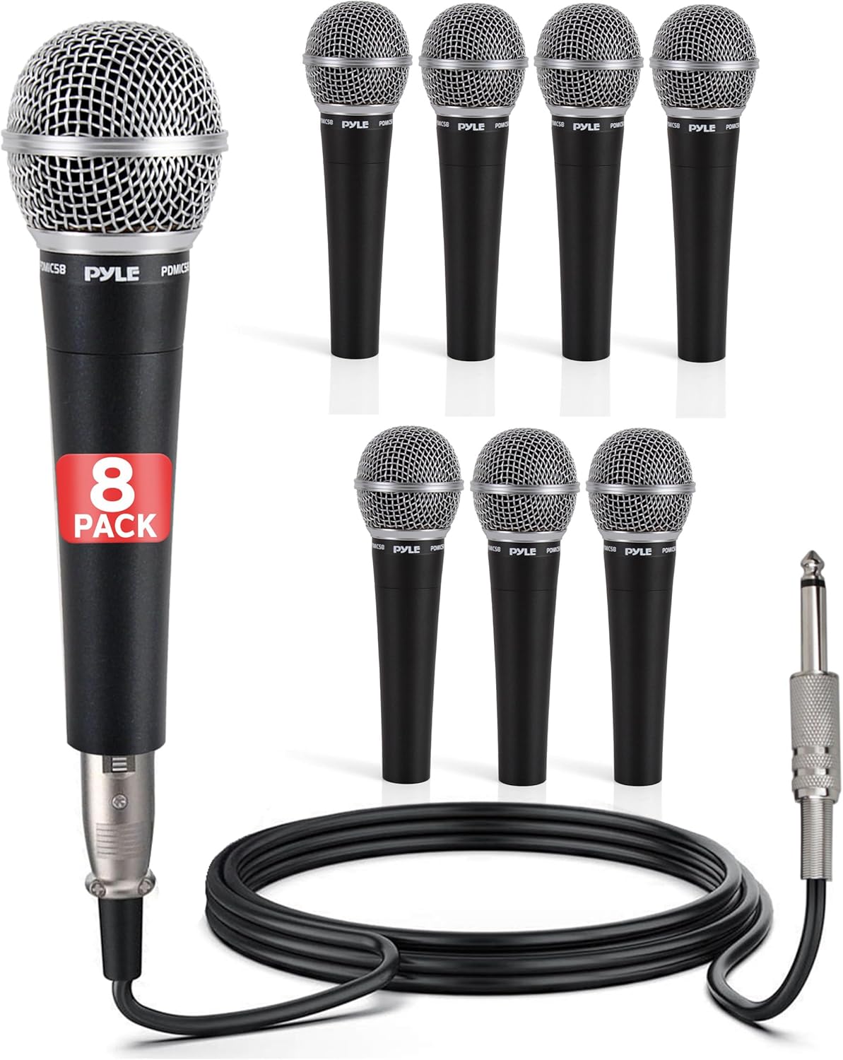 Pyle Professional Dynamic Microphone - 8-Pack Unidirectional Handheld Mic with Built-in Pop Filter, High Signal Output, 15 ft. XLR Audio Cable, Ideal for Stage, Karaoke & Studio Performances