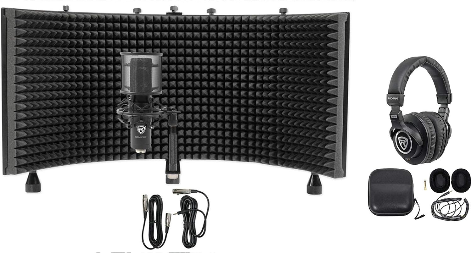 Rockville RCM PRO Bundle: Studio Recording Condenser Microphone w/Samsung Capacitors, PRO-M50 Studio Headphones w/Case and Extra Ear Pads, ROCKSHIELD 3 Mic Isolation Shield w/Foam, 3-Items