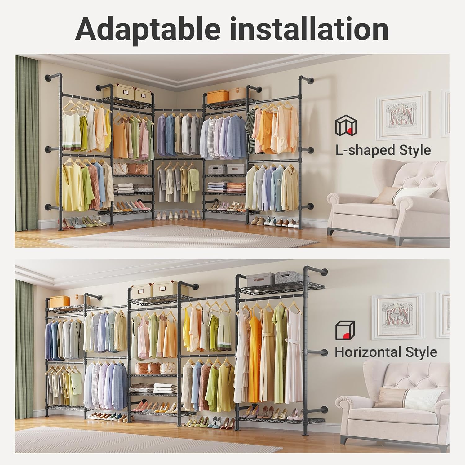 Timate L5 Expandable Closet Rack Wall Mount for Corner, L Shape Heavy Duty Hanging Garment Rack Clothing Rack with 8 Adjustable Shelves & 4 Hanger Rods, Closet System for Hanging Clothes, Black