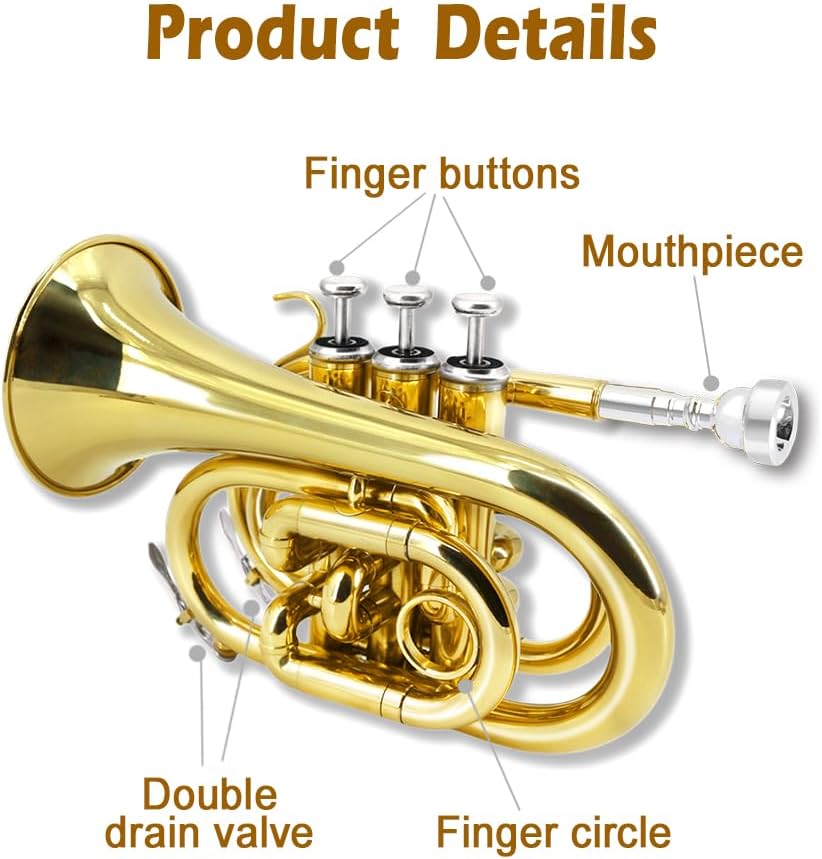 Yinfente Bb Flat Pocket Trumpet Bass Trumpet For Beginner,Student With Cleaning cloth, Silver plated 7C mouthpiece,hard case White gloves (Gold)