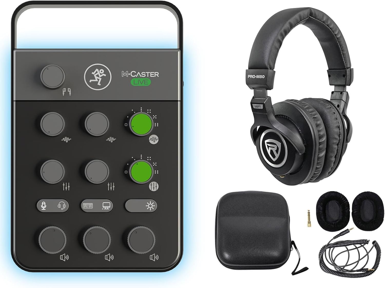 Audiosavings Bundle: Mackie M Caster Live Streaming Podcasting Portable Smartphone/USB FX Mixer Bundle with Rockville PRO-M50 Studio Headphones w/Detachable Coil Cable, Case+Extra Ear Pad (2 Items)