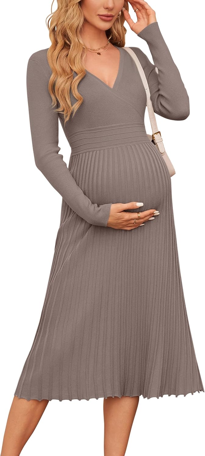 OUGES Women's Fall Maternity Dress for Photoshoot Long Sleeve Wrap V Neck Pleated Baby Shower Sweater Midi Dresses 2026