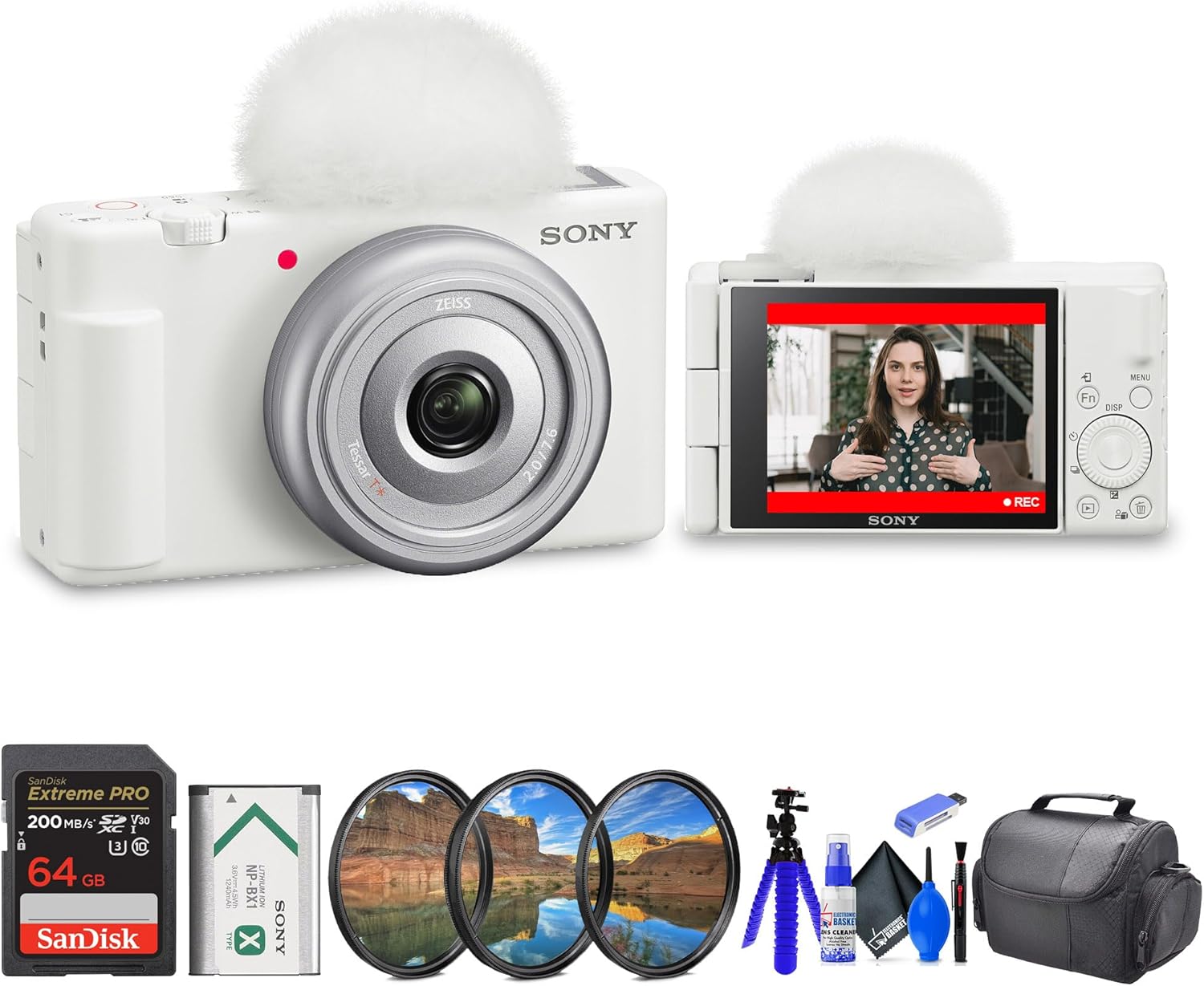 Sony ZV-1F Vlogging Camera (White) (ZV1F/W) + Filter Kit + 64GB Card + Card Reader + Bag + Flex Tripod + Cleaning Kit (Renewed)