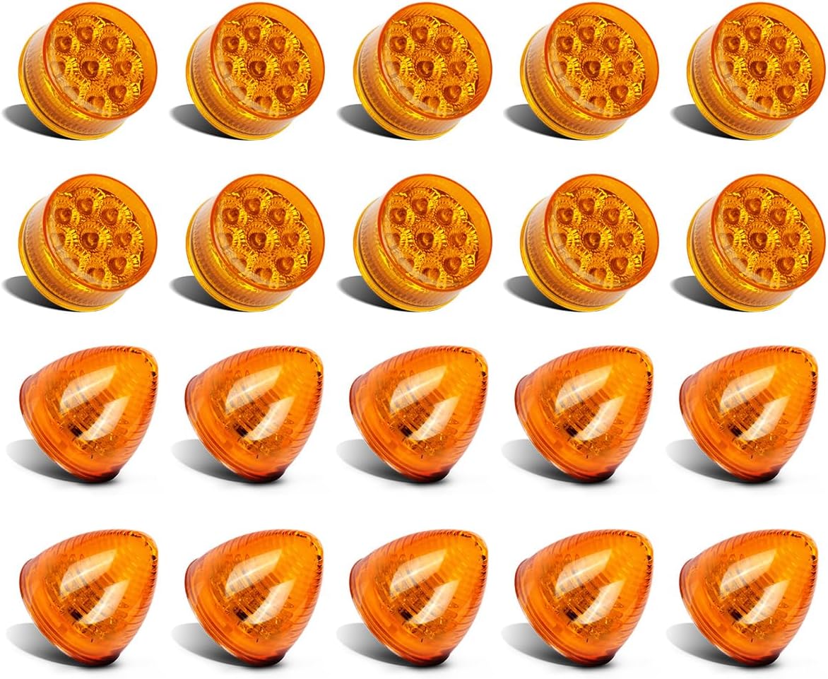 Partsam 20Pcs Amber 9 LED Trailer 2 Round Marker Lights w Reflectors Waterproof 12V Sealed Sleeper Panel Lights Replacement for Truck Round Led Lights