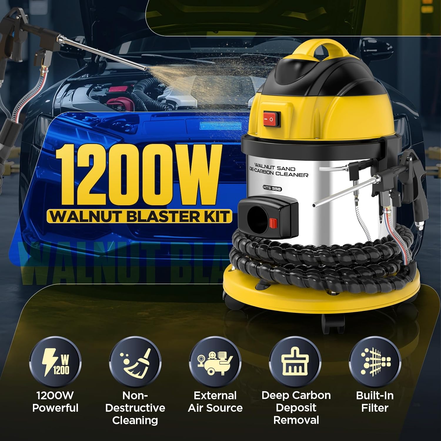 Walnut Blaster Kit for Carbon Cleaning, 1200W Engine Intake Valve Cleaner Machine, Automotive Engine Carbon Remover with 2kg Walnut Sand, Sand Blaster for Carbon Cleaning HTS558