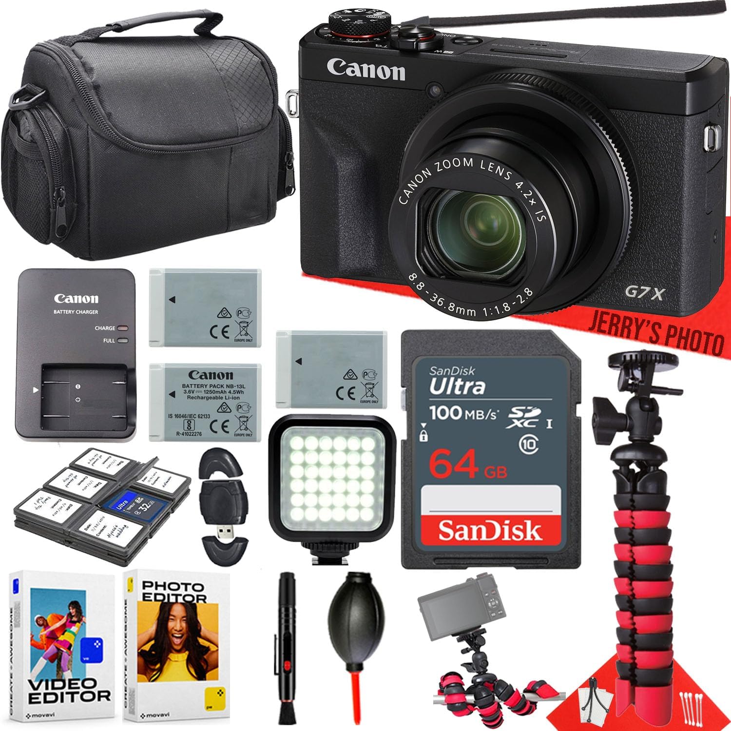 Canon PowerShot G7 X Mark III Digital Camera + Led Light + 64GB Memory + 2pc Extra Batteries + Spider Tripod + Cleaning Kit + More (16pc Bundle) (Renewed)