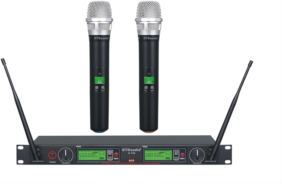 GTDaudio 2x800 Adjustable Frequency UHF True Diversity Wireless Handheld Microphone Mic System Ideal for Church, Karaoke, Dj Party, Range 400 ft