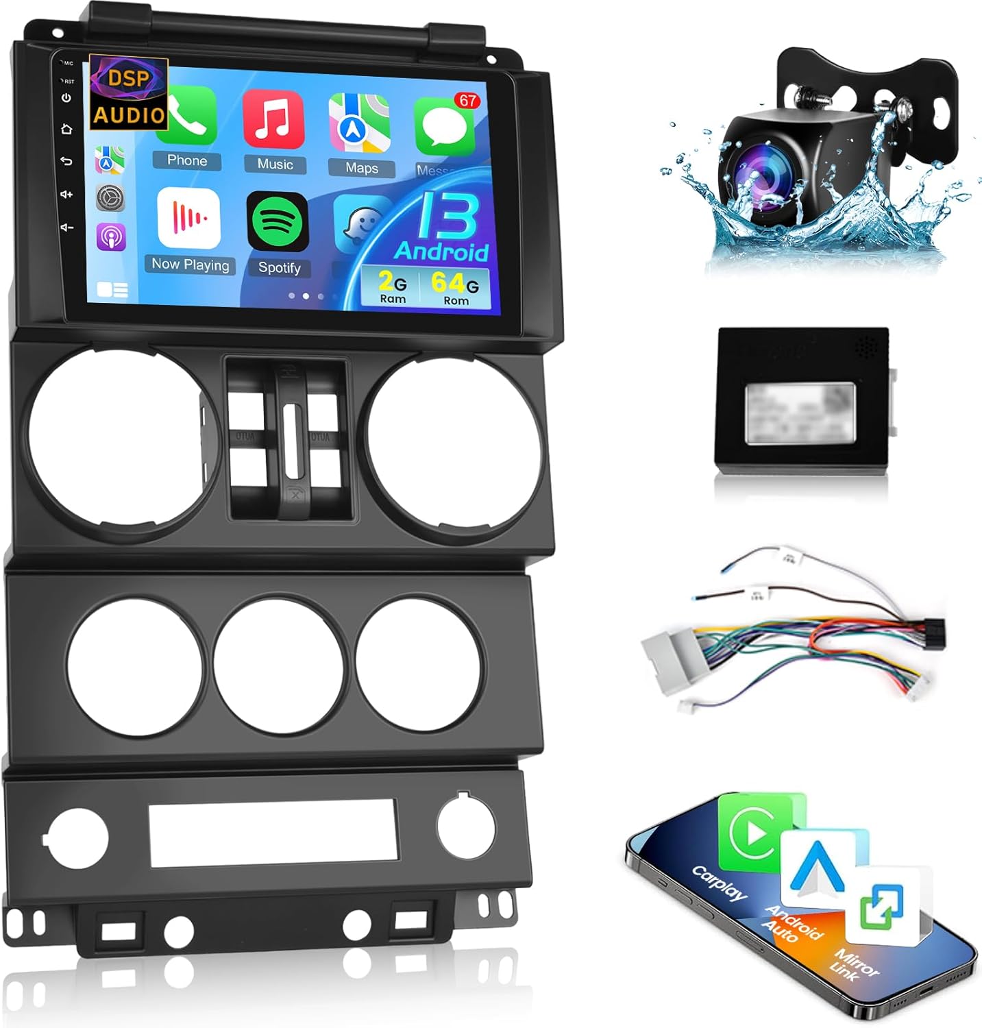 [2+64G] Android Stereo for Jeep Wrangler (4 Doors) 2007 2008 2009 2010-9 inch Touchscreen Wrangler Radio - Wireless Carplay and Android Auto, 5G/WiFi, DSP/EQ, GPS + AHD Rearview Camera + Canbus