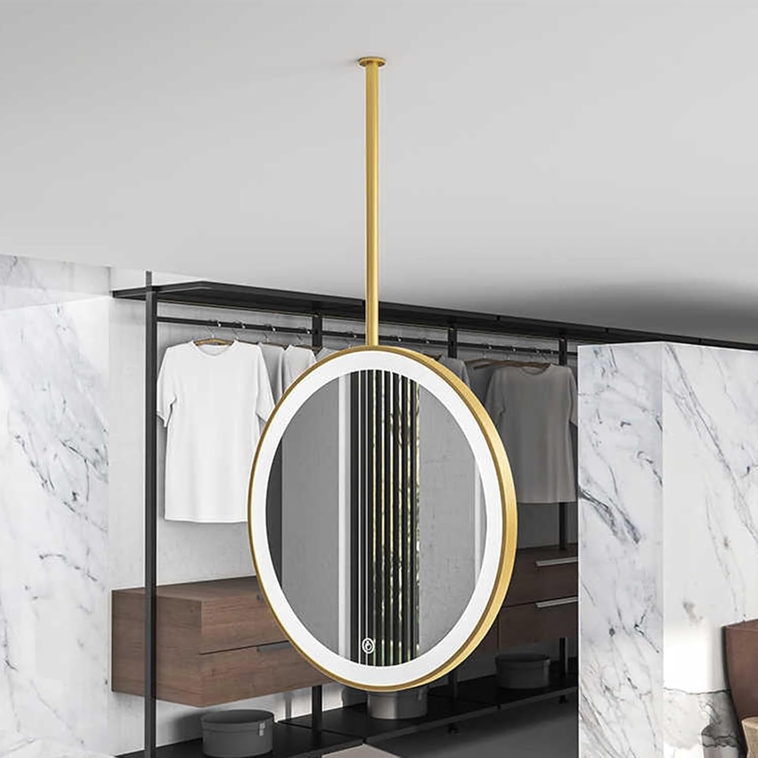 Ceiling Mounted Suspended Mirror For Ceiling Mount Mirrors For Bathrooms Hanging Bathroom Vanities Pivot Corner Mirror Wall Mount Vanity Make-up Decor Circle Metal Pole Gold Black LED Entryway(Gold,40