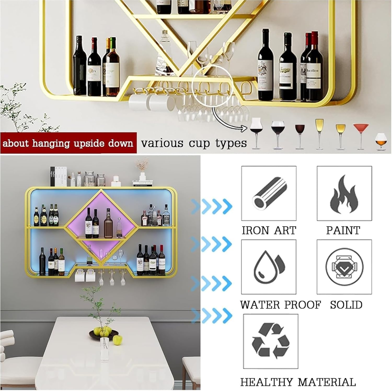 Floating Shelves with Hanging Wine Glass Rack for Whiskey Bottles Corner Bar Organizer Display Rack for Mini Bar Wall Mount Bottle Display Shelf (Black Light 100cm)