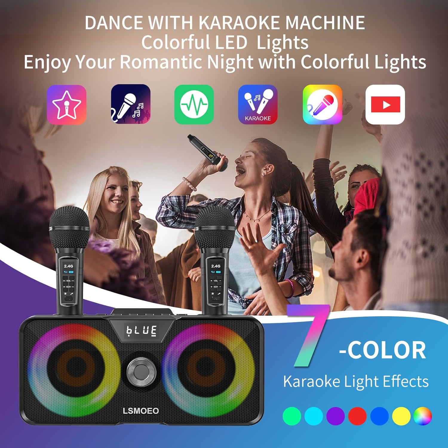 Karaoke Machine for Adults and Kids with 2 UHF Wireless Microphones,Portable Bluetooth Speaker PA Speaker System with LED Party Lights for Home Party, Picnic,Car,Outdoor/Indoor/Birthday Gifts