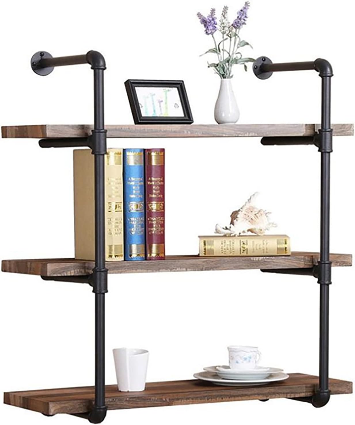 3-Tier Industrial Pipe Wall Mount Shelves, Wall Mount Bookshelf,Kitchen Spice Rack, Rustic Storage Shelves, Easy to Install,for Bathroom, Bedroom, Living Room