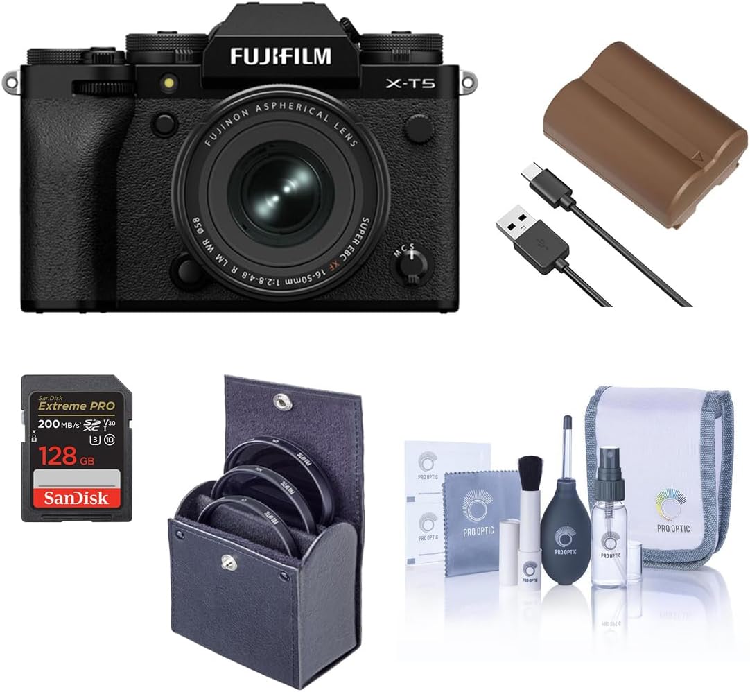 Fujifilm X-T5 Mirrorless Camera, Black with XF 16-50mm f/2.8-4.8 R LM WR Lens, Bundle with 128GB Memory Card, NP-W235 Battery, 72mm Filter Kit, Cleaning Kit
