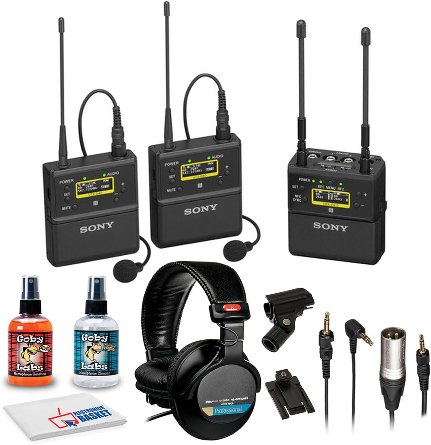 Sony UWP-D27 2-Person Camera-Mount Wireless Omni Lavalier Microphone System (UC14: 470 to 542 MHz) with Headphone and 6Ave Cleaning Kit