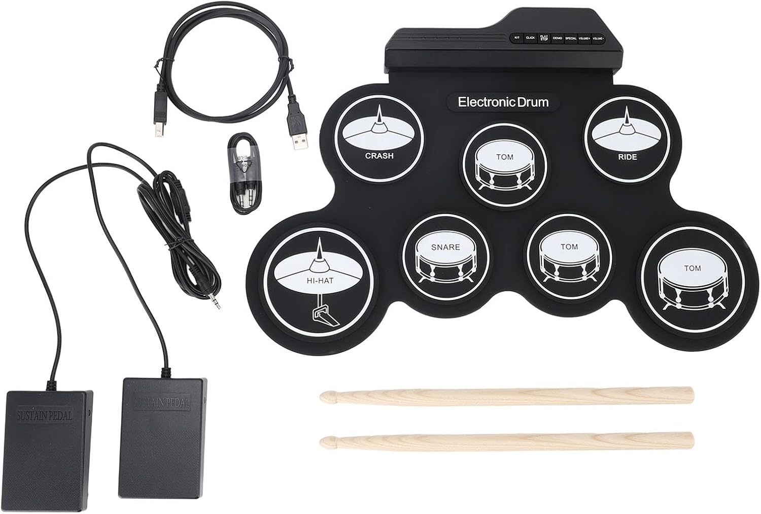 Portable Drum Pad Machine with Pedal Controlled Cymbals, a USB Electronic Drum Pad with Dual Output for Headphones and Speakers for Hand Foot Coordination