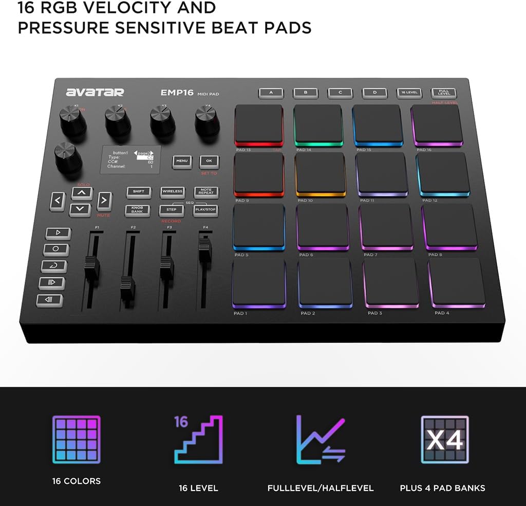 EMP16 MIDI Pad Controller Beat Maker Machine With Bluetooth, 16 RGB Velocity Sensitive Beat Pads, 16 Level, Full/Half Level, OLED Display, MIDI In/Out