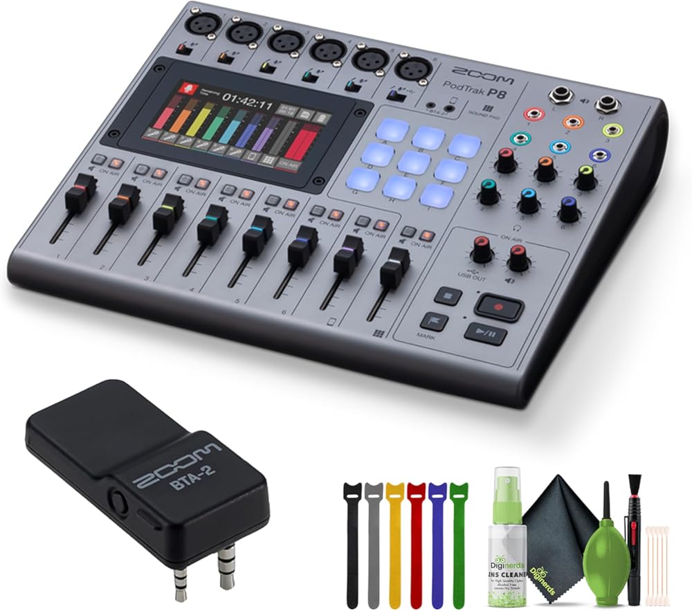 Zoom PodTrak P8 Portable Multitrack Podcast Recorder + BTA-2 Bluetooth Adapter for PodTrak Recorders + Cleaning kit + Wire Straps