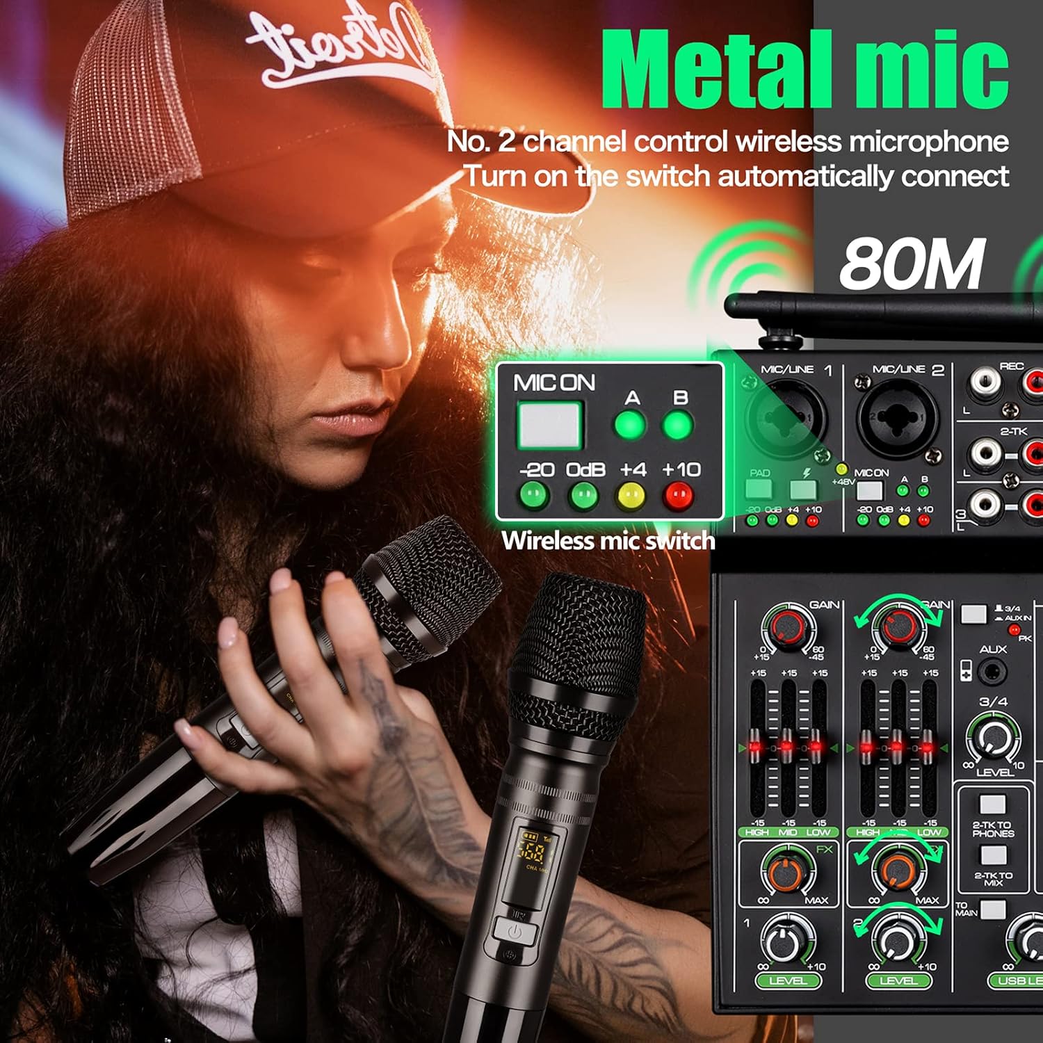 Professional Audio Mixer, 4 Channel Sound Mixer With Dual Wireless Mic, Sound Board Console MP3 Bluetooth 48V Phantom Power USB Interface DJ Mixing for Home Karaoke Party Computer Studio Recording