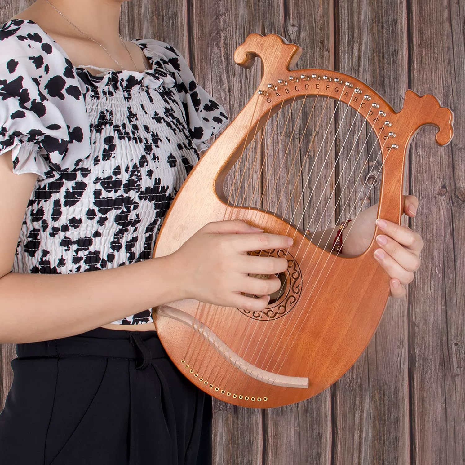 Lyre Harp, AKLOT 16 Metal Strings Mahogany Body Lyra Harp with Maple Saddle Carved Note Tuning Wrench Pickup Strings and Black Gig Bag