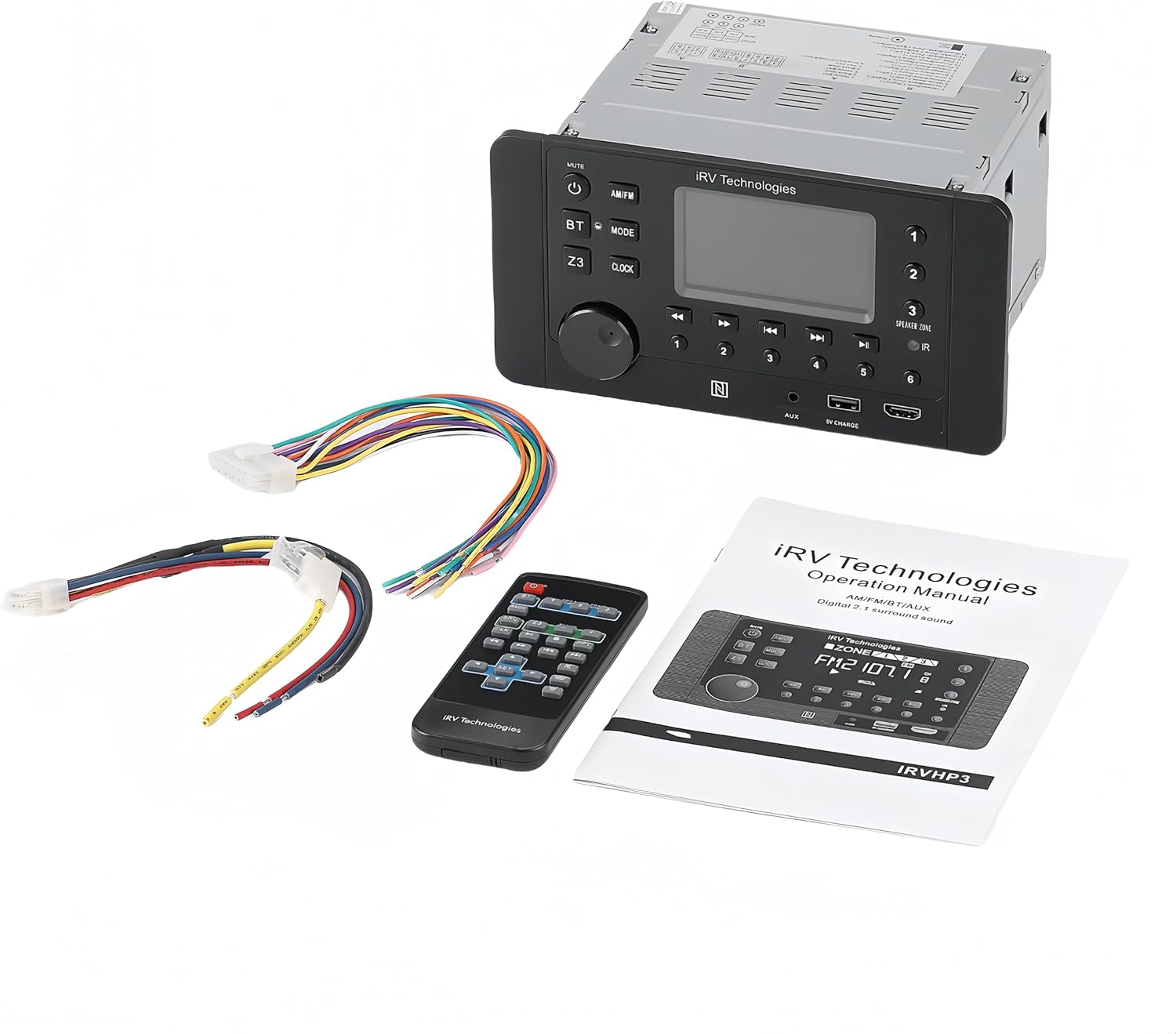 Mechless 3 Zones Wallmount RV Stereo with Bluetooth HDMI ARC, App Control, AM/FM/App, NFC, USB Charging, Digital Surround Sound, Clock, CEC Support (3 Zones + 7 Speakers)