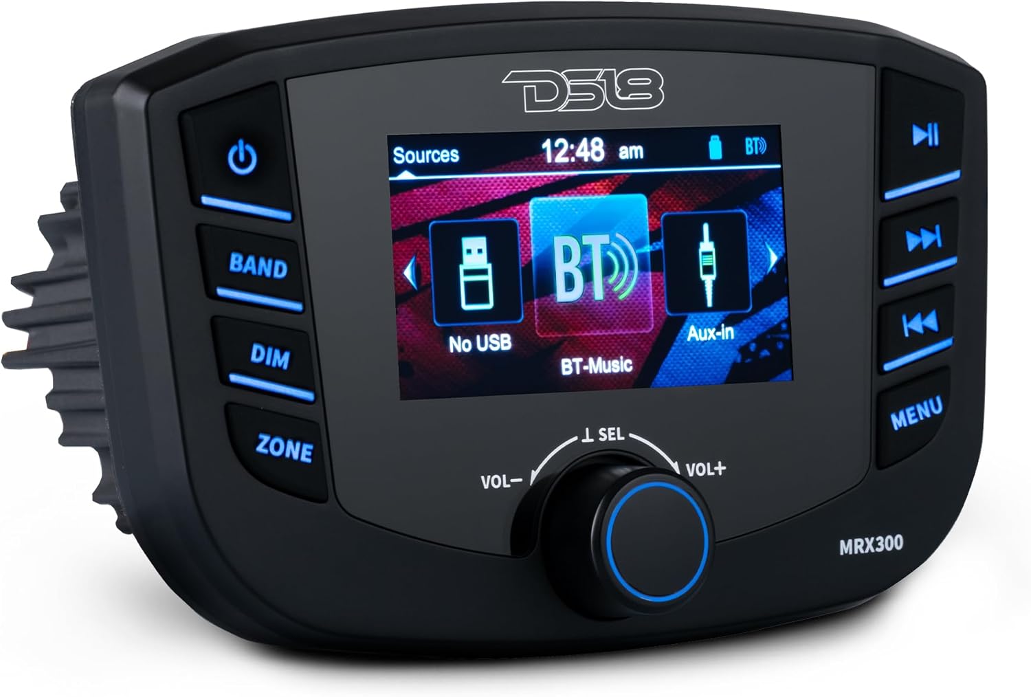 DS18 MRX300 Marine and Powersports Radio Waterproof Headunit TFT Screen, 3 Zones, 4 Volts Output, Bluetooth Audio Head Unit, RDS 4X40 Watts, USB, AM/FM Radio Receiver Weatherproof