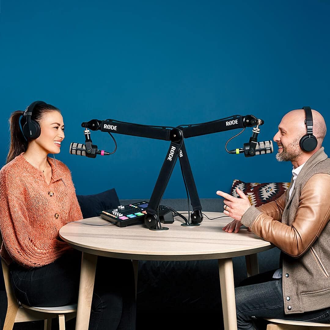 Rode PodMic Dynamic Podcasting Microphones (Pair) with 2X PSA1+ Professional Studio Boom Arms, NTH-100 Professional Closed Back Over Ear Headphones, XLR Cables and StreamEye Polishing Cloth