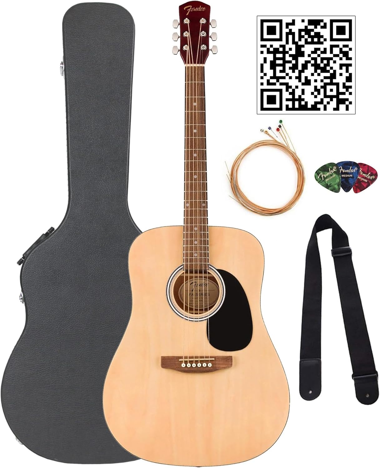 Fender Dreadnought Acoustic Guitar - Natural Bundle with Hard Case, Strap, Strings, Picks, and Austin Bazaar Instructional Video