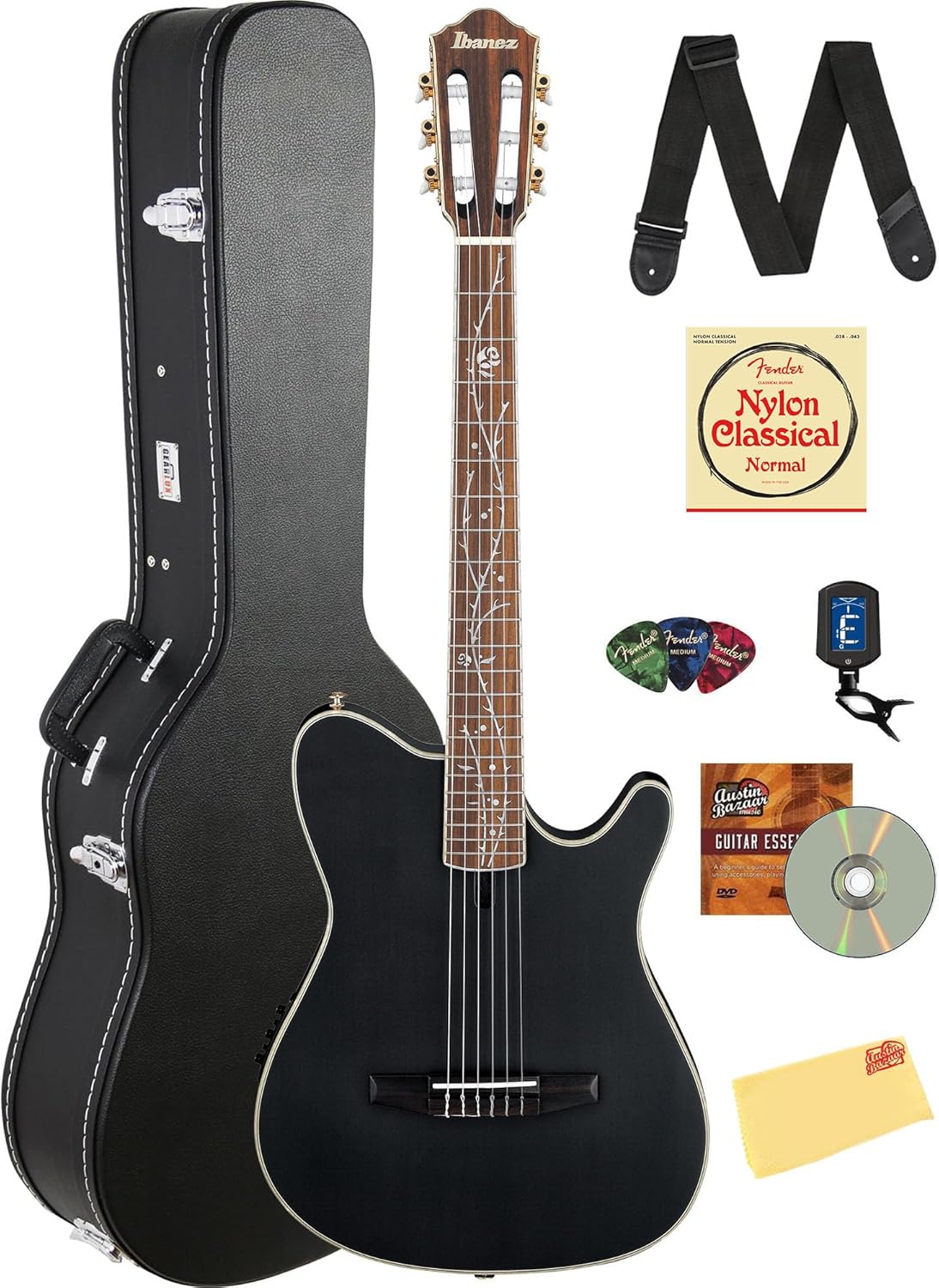 Ibanez TOD10N Tim Henson Nylon Acoustic-Electric Guitar - Transparent Black Flat Bundle with Case, Tuner, Strap, Strings, Picks, Austin Bazaar Instructional DVD, and Polishing Cloth