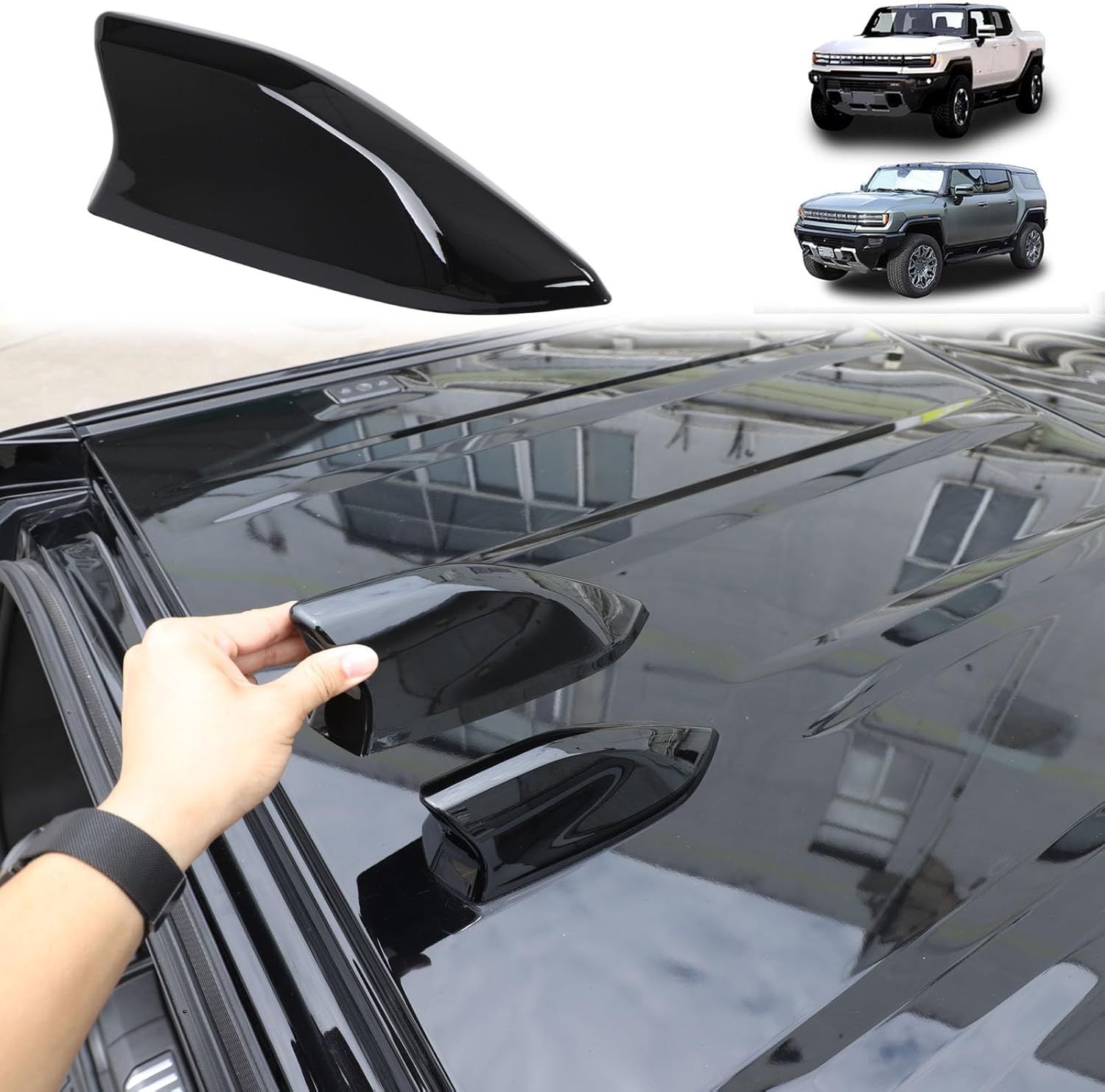 for Hummer EV Accessories Shark Fin Shape Roof Antenna Cover Decor,Car Radio Antenna Topper for Hummer EV SUV Pickup 2022-2024 2025+,Vehicle Shark Fin Shape Cover with Adhesive Tape (Piano Black)
